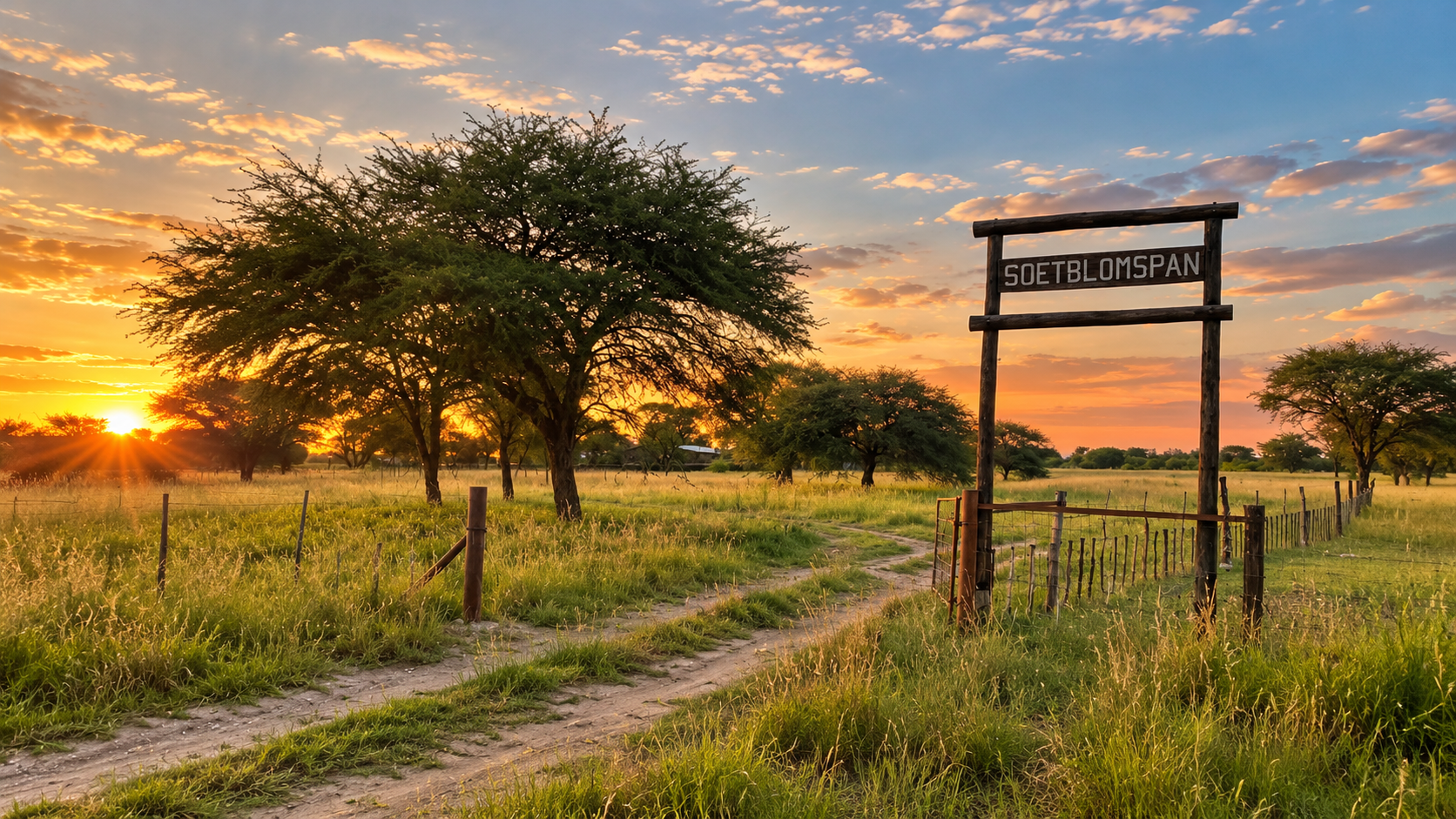 The Soetblomspan farm gate at sunset, with the sandy farm road leading into the bushveld