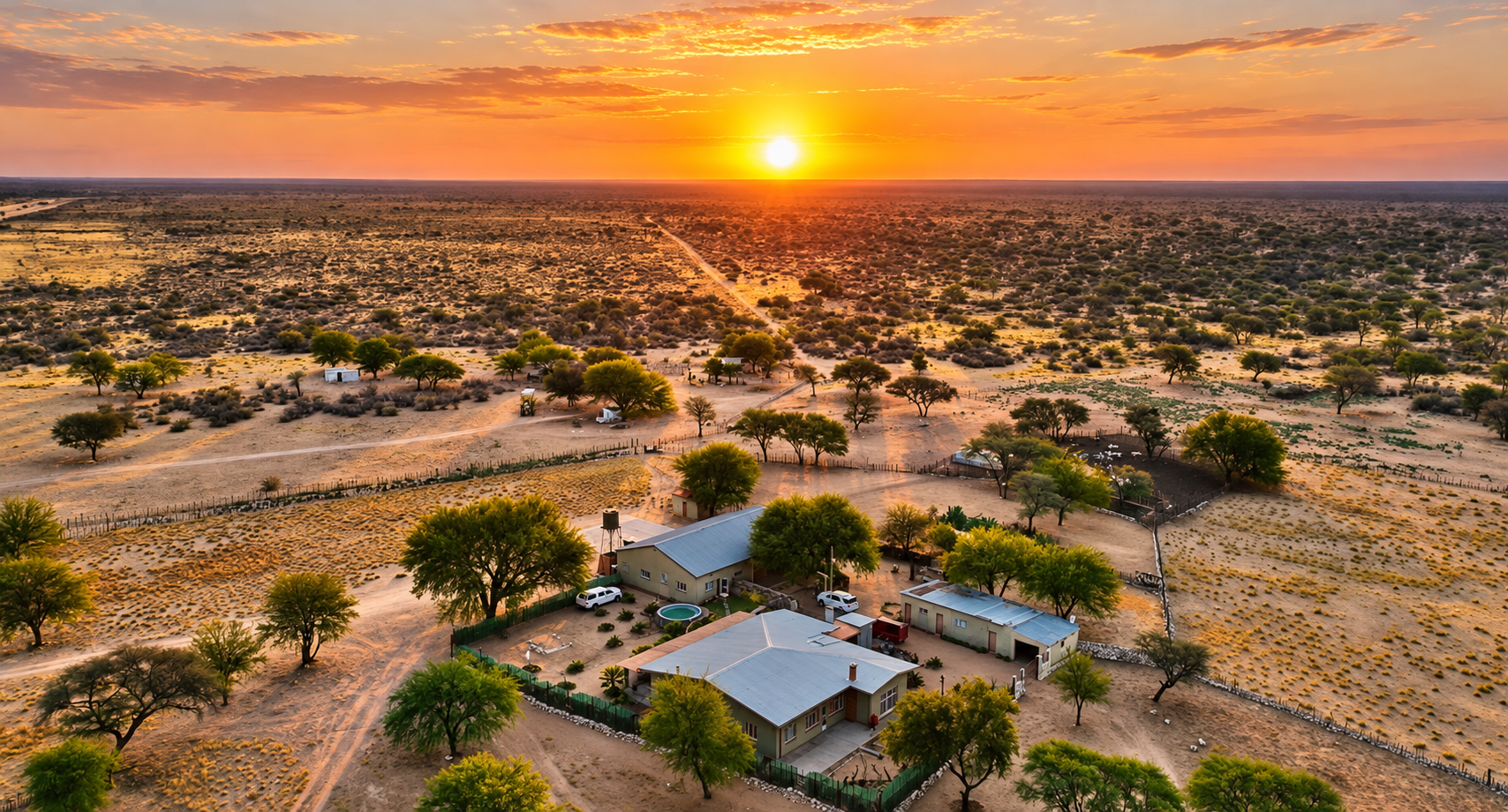 Aerial view of Soetblomspan farmhouse at sunset, surrounded by the Namibian bushveld