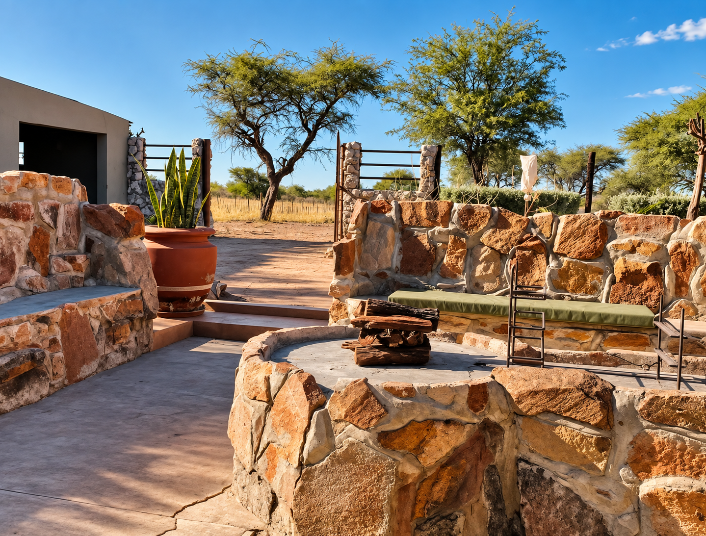 The Soetblomspan outdoor braai and verandah area built from local stone